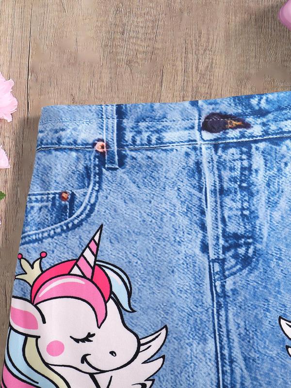 Kids Cartoon Unicorn Print Denim Skirt