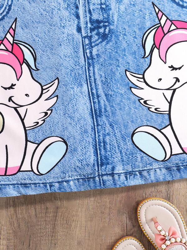 Kids Cartoon Unicorn Print Denim Skirt