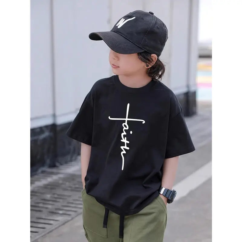 Kids "Faith" Print Crew Neck T-Shirt