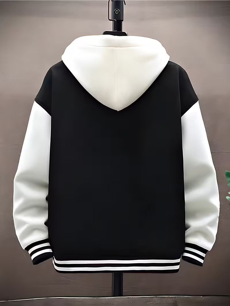 NY Letter Print Hooded Varsity Jacket