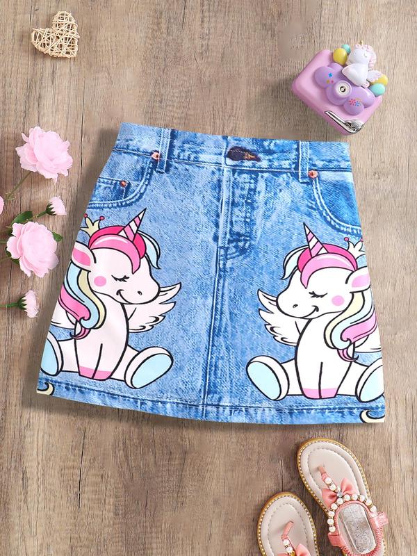 Kids Cartoon Unicorn Print Denim Skirt