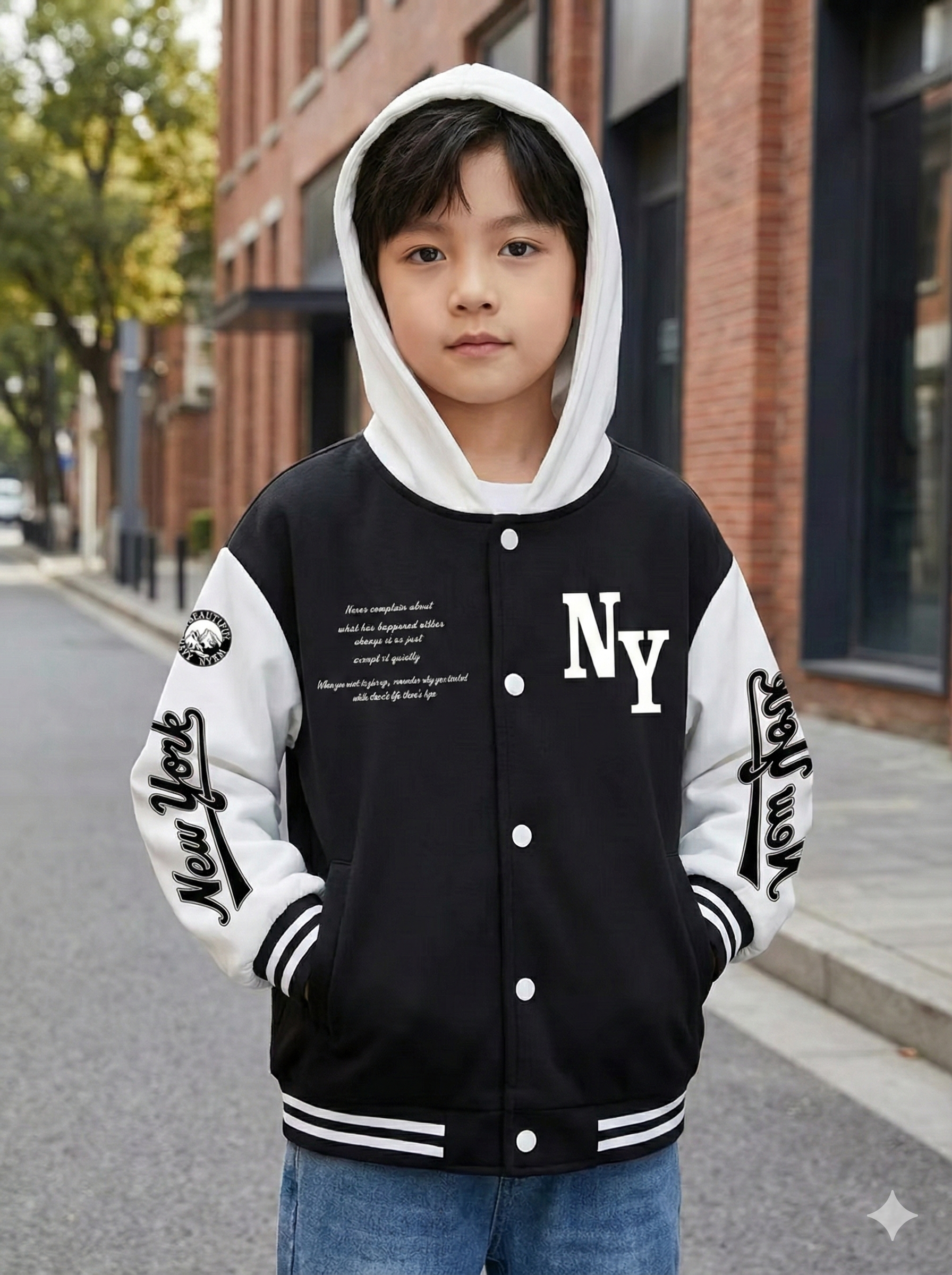 NY Letter Print Hooded Varsity Jacket