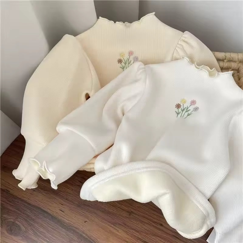 Kids Top Winter Sweater Children Puff Sleeve Flower Embroidery