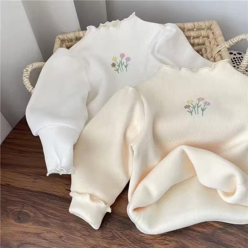 Kids Top Winter Sweater Children Puff Sleeve Flower Embroidery