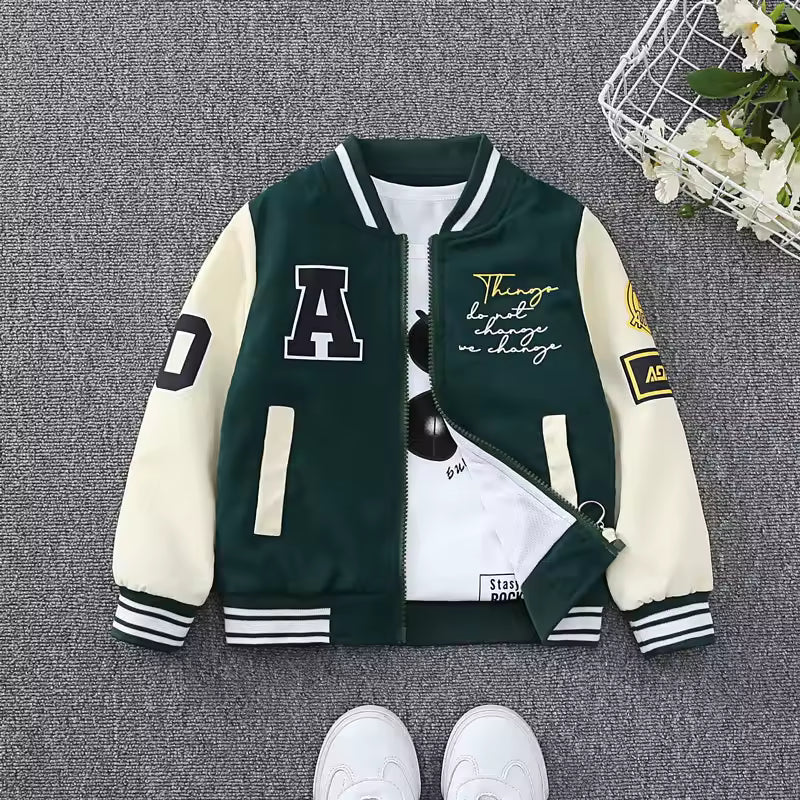 Kids Varsity Jacket Cartoon Bear Pattern
