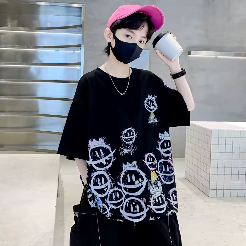 Kids Cotton T Shirt Smiling Face Print
