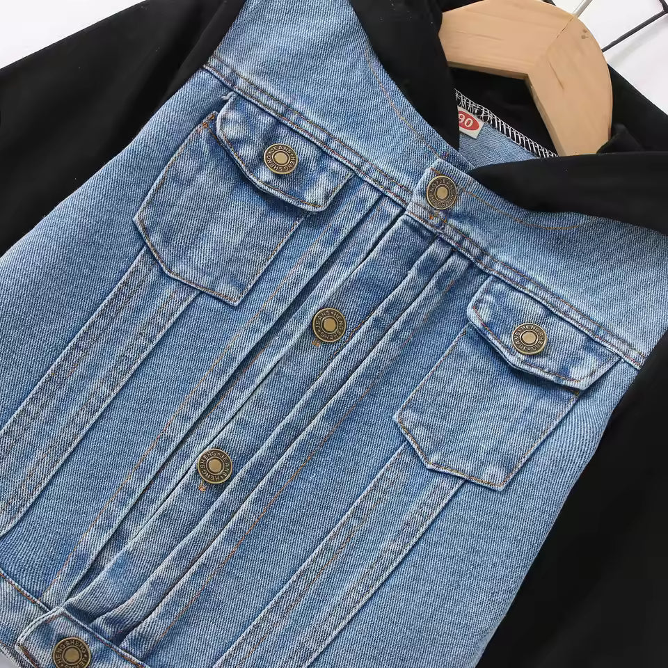Kids' Denim Jacket with Black Knit Sleeves