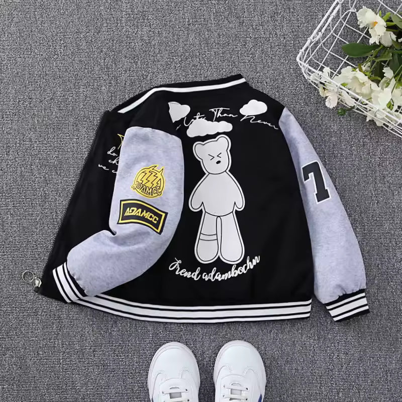 Kids Varsity Jacket Cartoon Bear Pattern