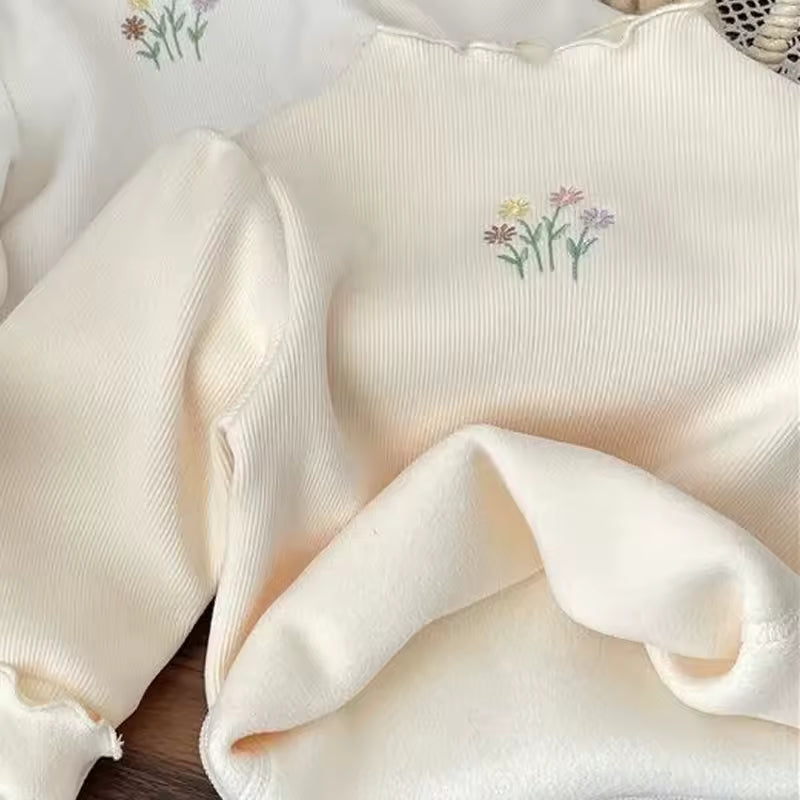 Kids Top Winter Sweater Children Puff Sleeve Flower Embroidery