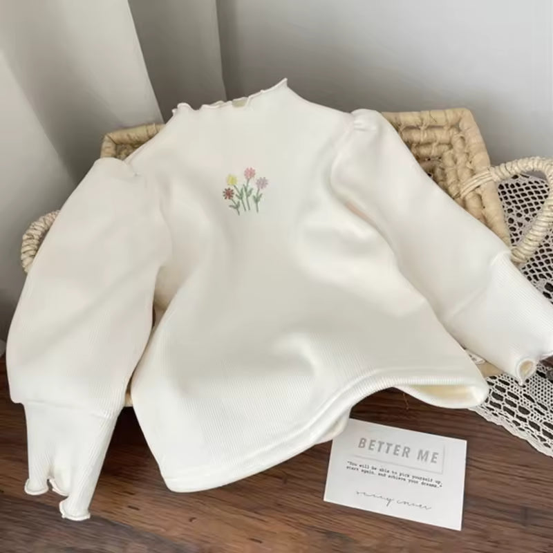 Kids Top Winter Sweater Children Puff Sleeve Flower Embroidery