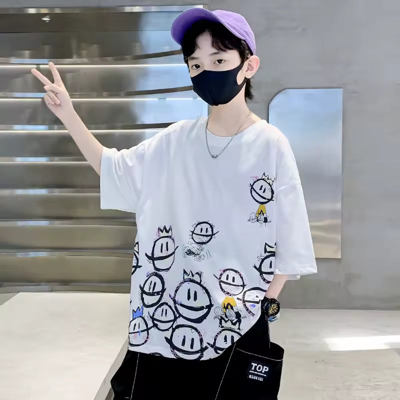 Kids Cotton T Shirt Smiling Face Print