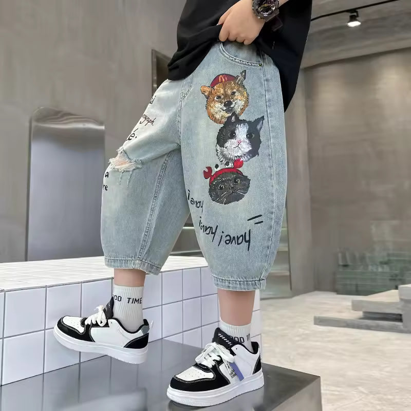 Kids Summer Straight Fit Ripped Shorts
