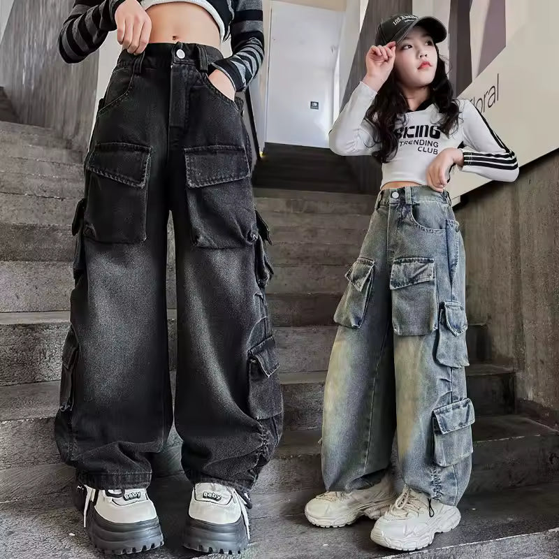 Kids Denim Cargo Pants Hip Hop