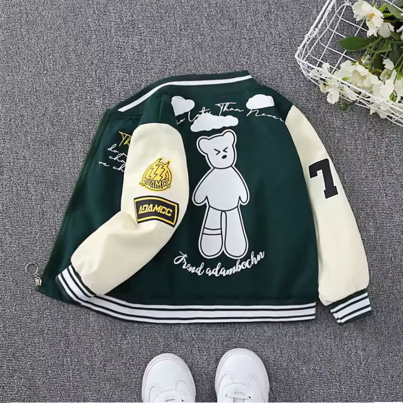 Kids Varsity Jacket Cartoon Bear Pattern