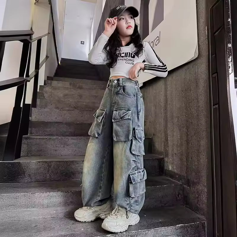 Kids Denim Cargo Pants Hip Hop