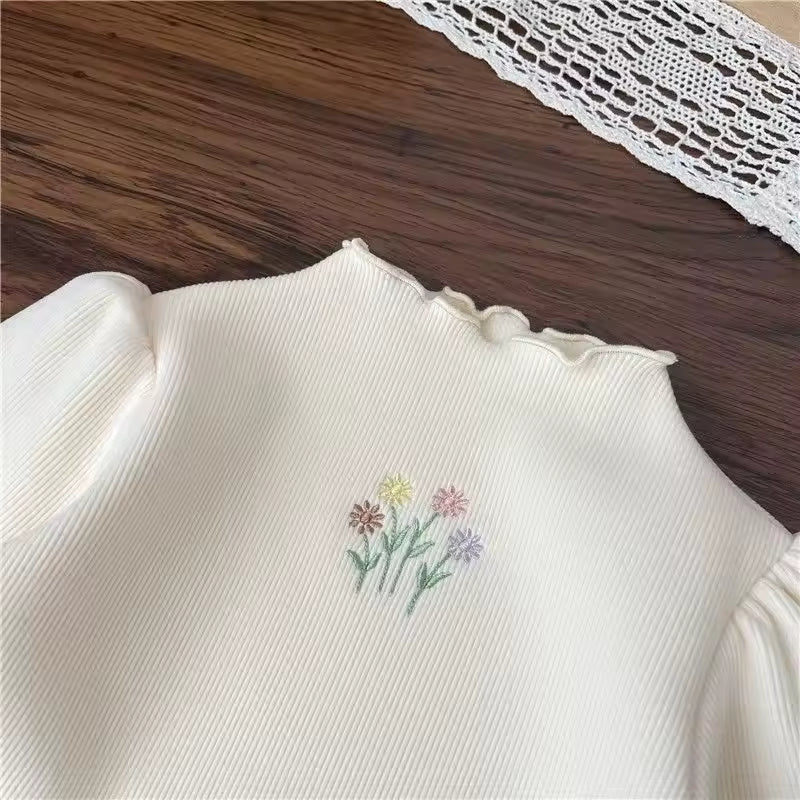 Kids Top Winter Sweater Children Puff Sleeve Flower Embroidery