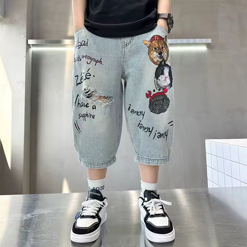 Kids Summer Straight Fit Ripped Shorts
