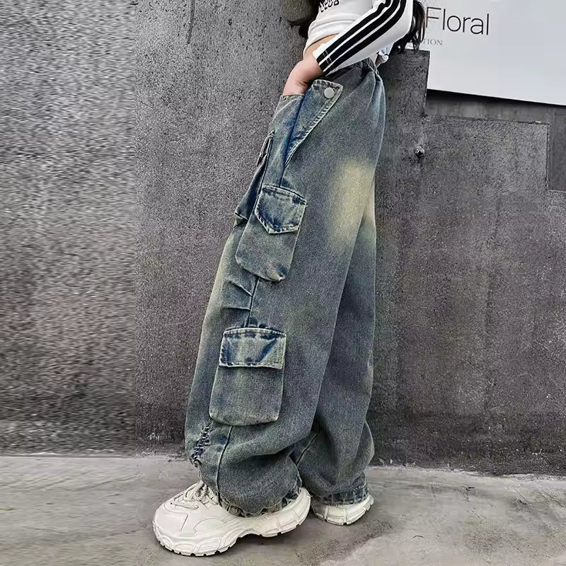 Kids Denim Cargo Pants Hip Hop