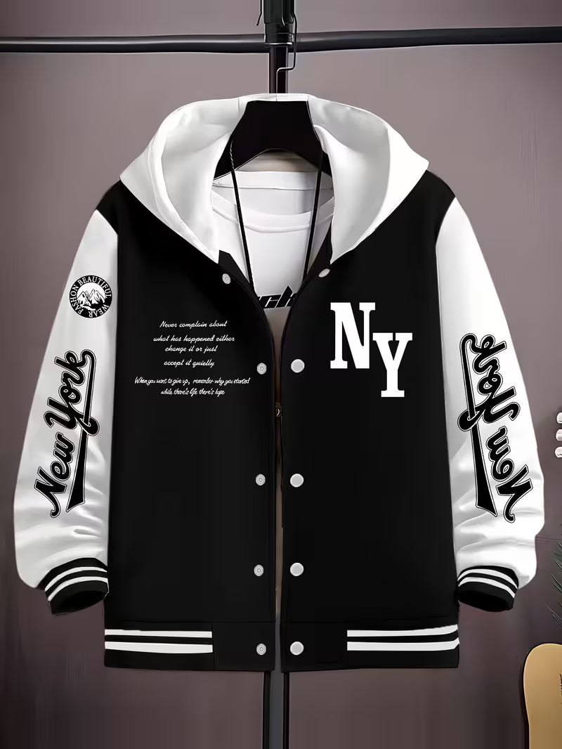 NY Letter Print Hooded Varsity Jacket