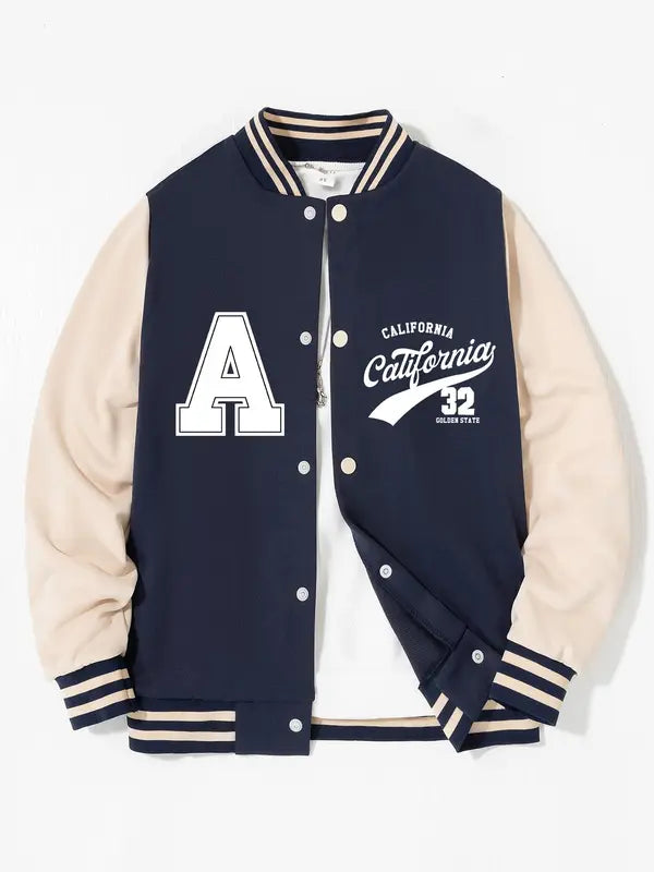 Kids Colorblock Letter Print Baseball Jacket